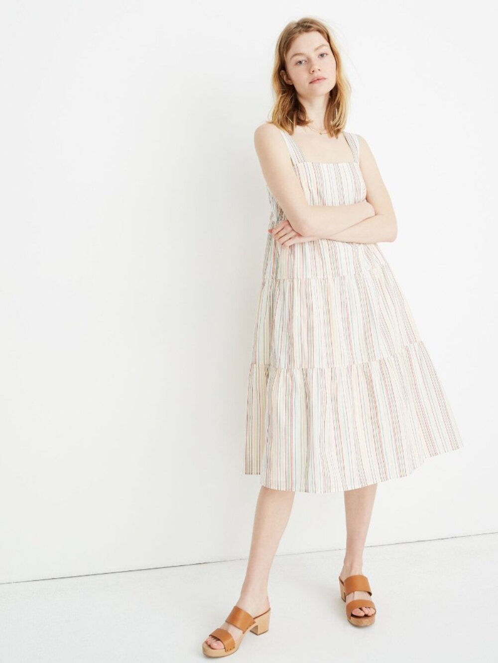 Madewell Button-Back Tiered Dress in Textural Rainbow Stripe - Size 10